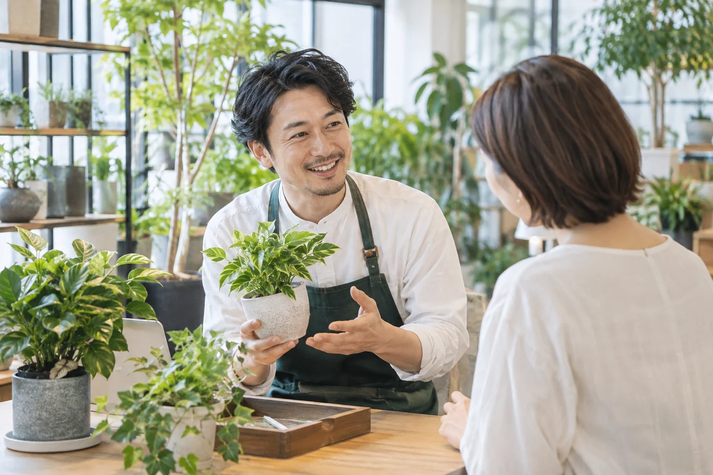 植物を見ながら相談するイメージ
