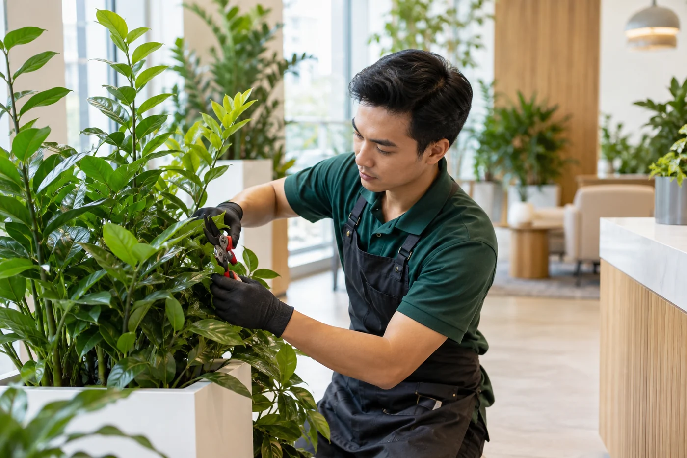 観葉植物の状態を確認するメンテナンスイメージ